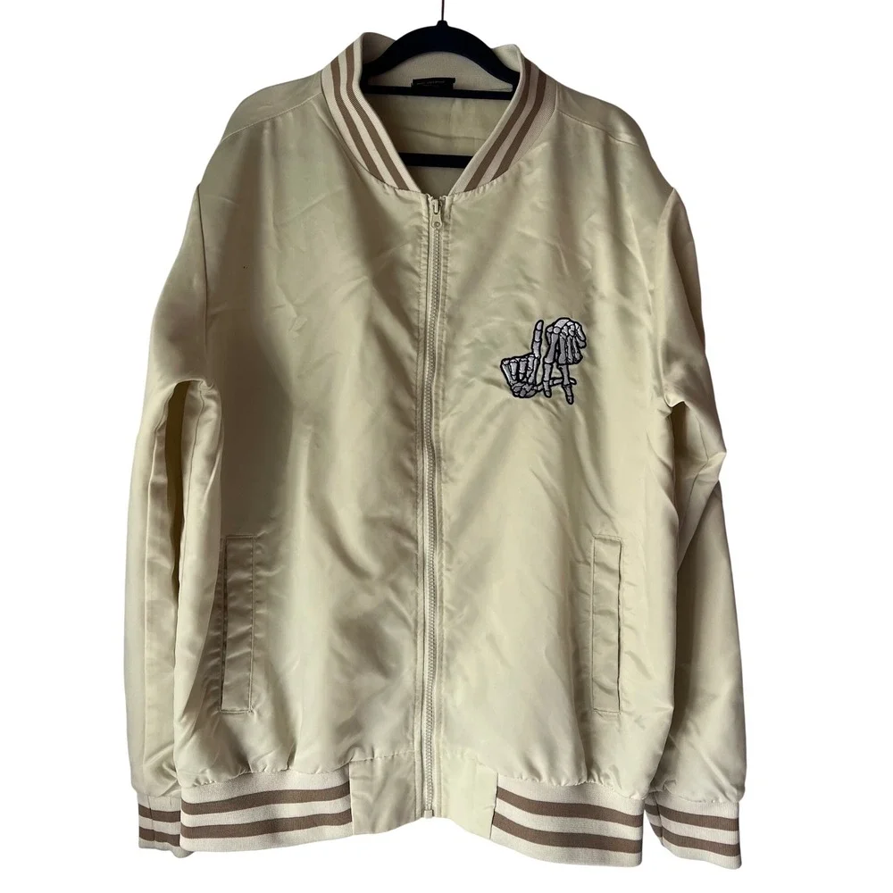 Original Deluxe Supply Mens LA Skeleton Rose Bomber Jacket Cream Medium Zip Up‎